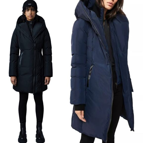 Mackage Kay Down Water Resistant Long Hooded Signature Collar Coat Navy Blue XS - Picture 2 of 14